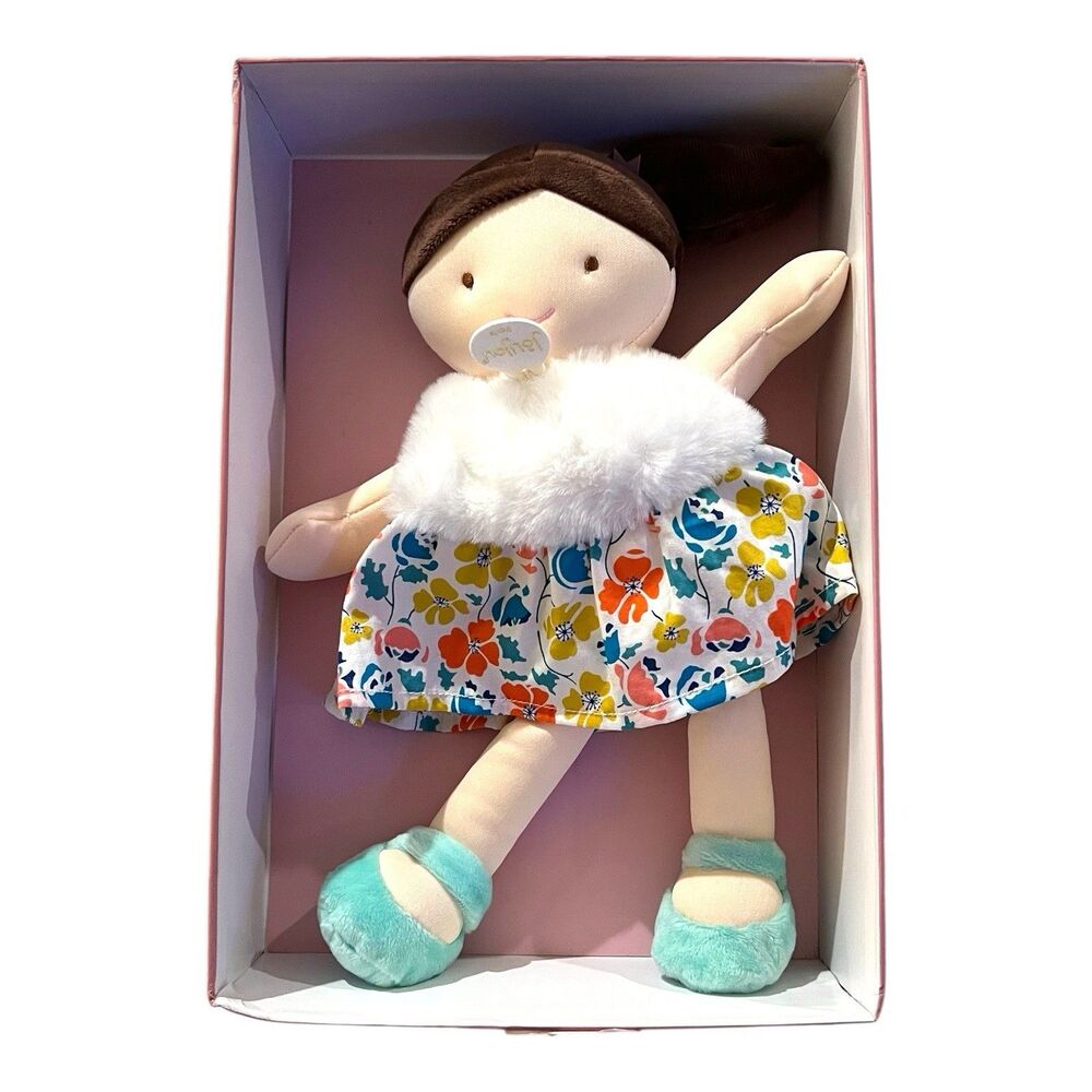 Jolijou Paris Demoiselle Pretty DouDou Plush Doll Brown Hair Floral Dress NIB